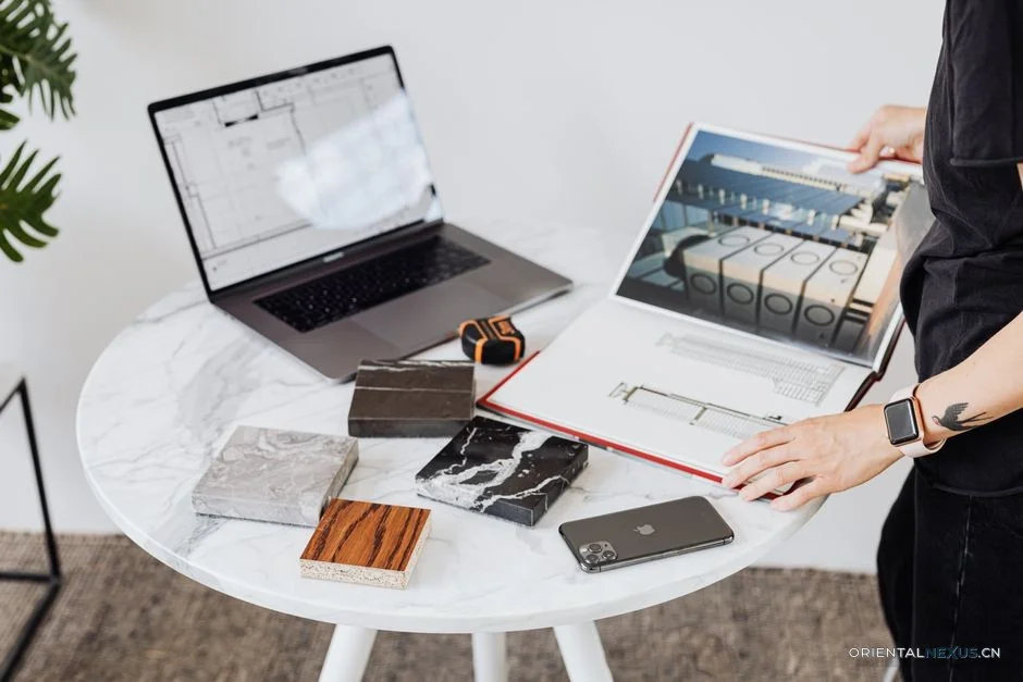 ceramic samples counter/poker face meeting/overfilled hands business card on table/warehouse stacking stock/airport holding sample carry-on/arm-wrestle with prices/factory blueprints rolled map/mini bonsai shows negotiation metaphor/export cargo ship under container light